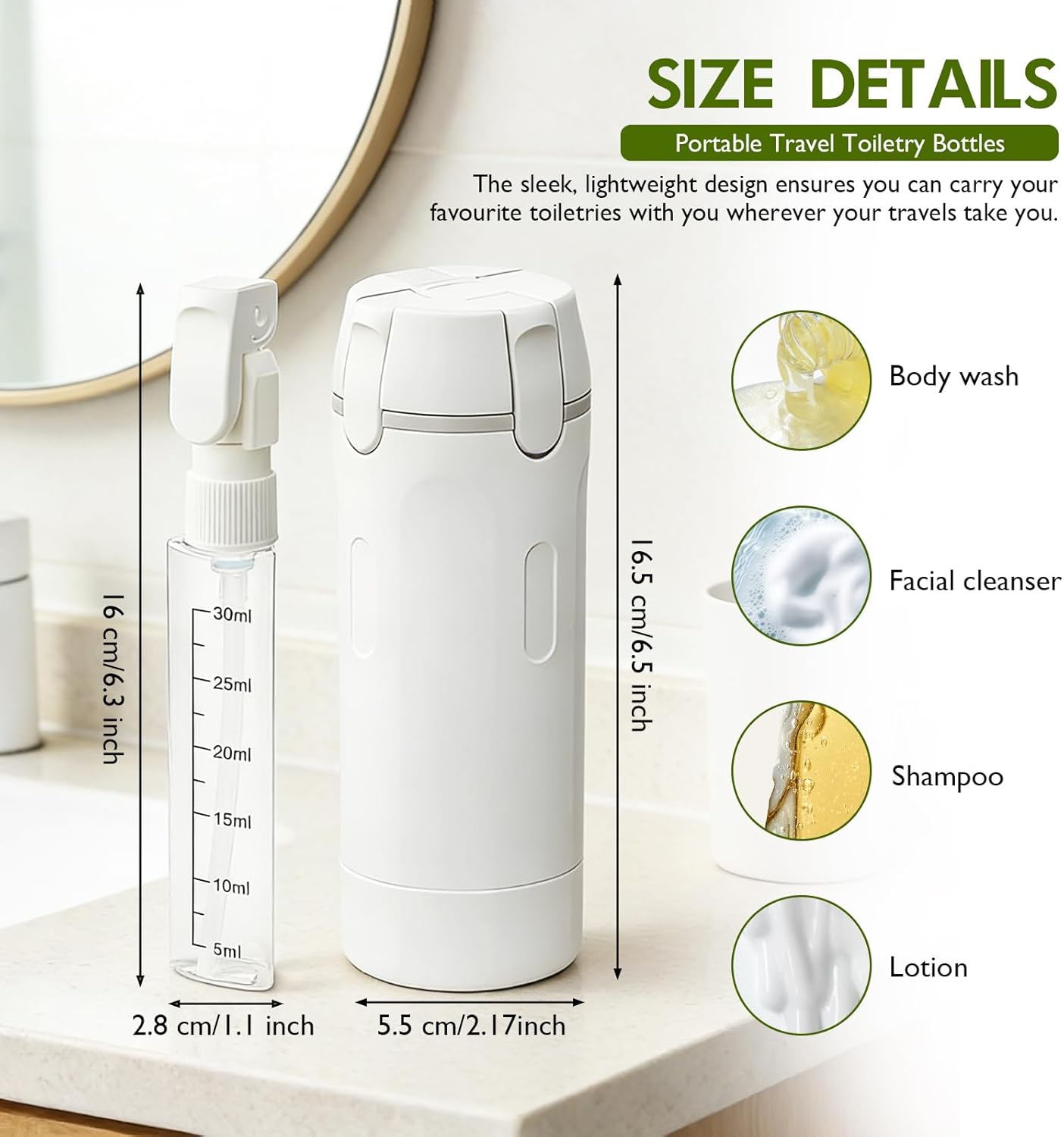The refillable travel bottle set opened for filling