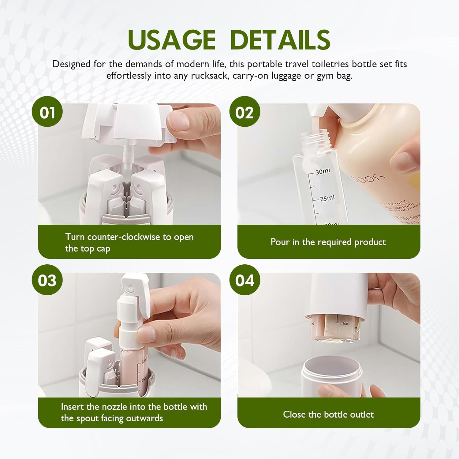 Close-up of the travel bottle set showing its secure seals