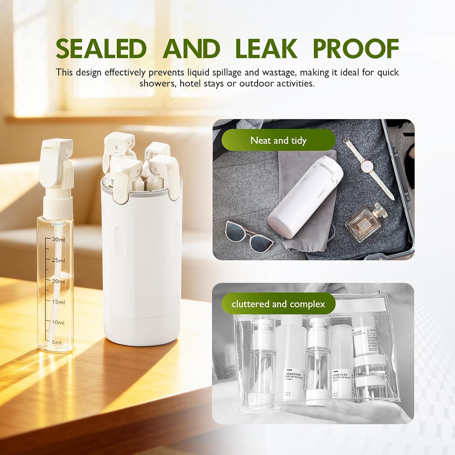 Travel bottle set packed in a bag
